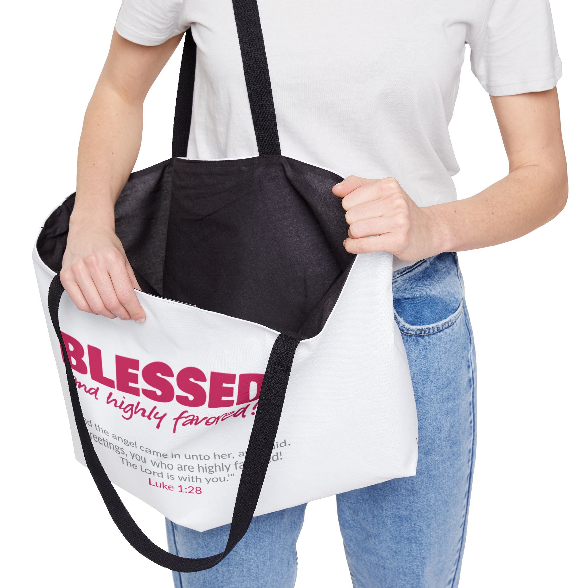 BLESSED! and Highly Favored Scripture Tote Bag | Christian Gift for Her | Bible Verse Bag | Faith-Based Accessory | Luke 1:28