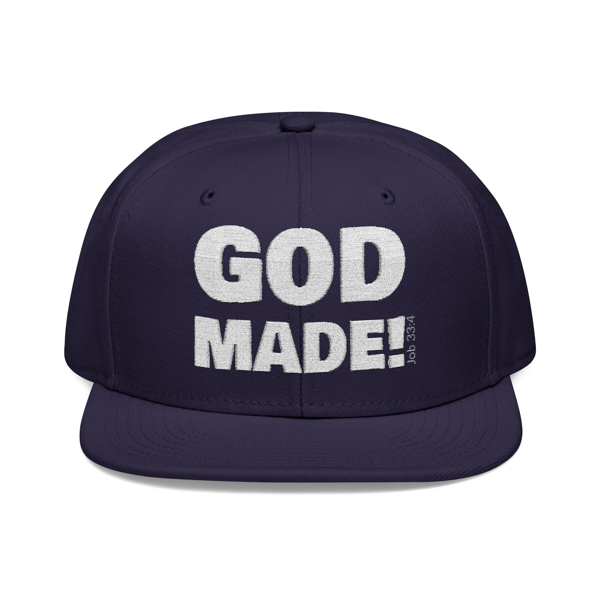 'GOD MADE!' | Embroidered Snapback Cap - (Job 33:4)- white
