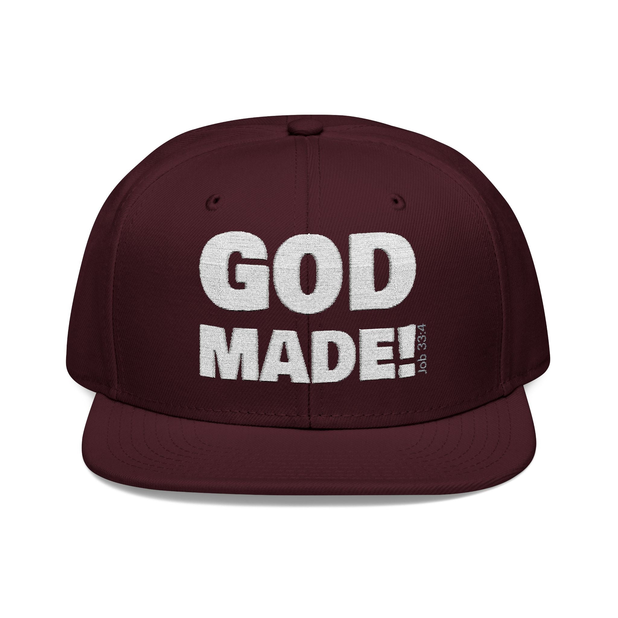 'GOD MADE!' | Embroidered Snapback Cap - (Job 33:4)- white