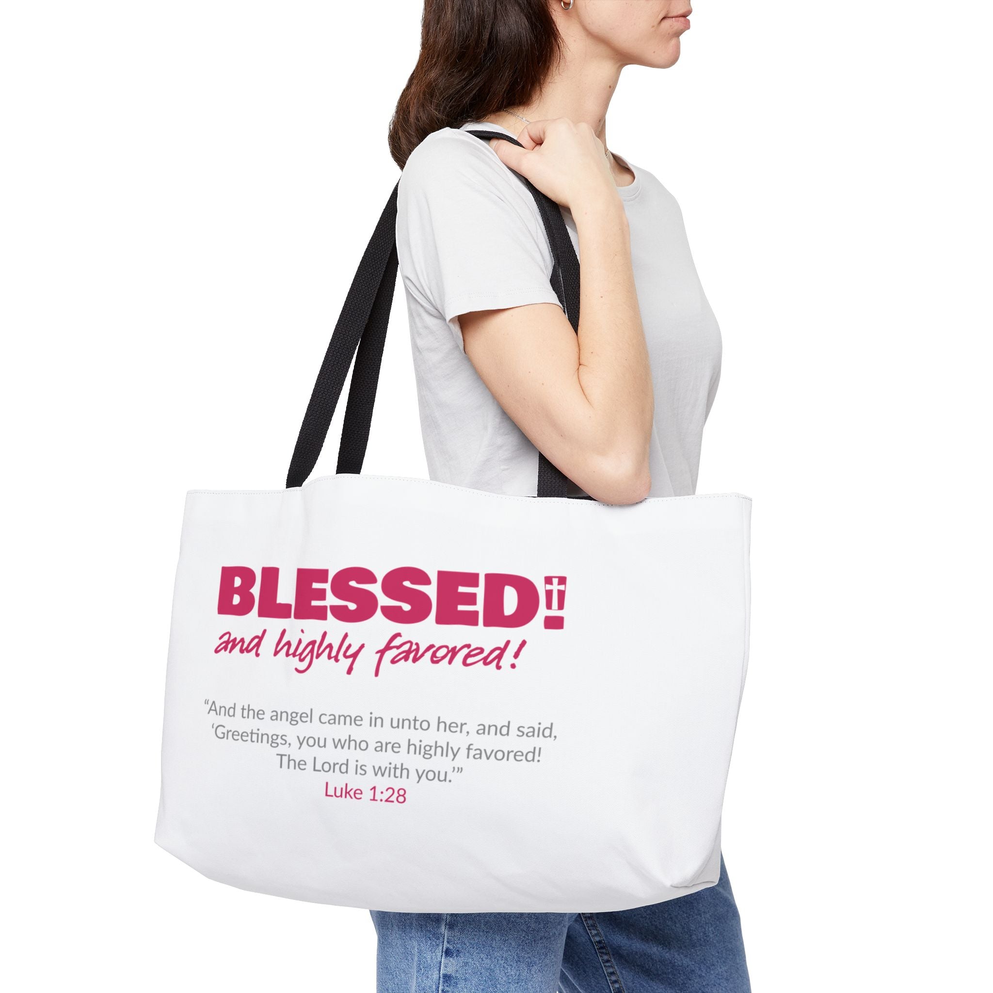 BLESSED! and Highly Favored Scripture Tote Bag | Christian Gift for Her | Bible Verse Bag | Faith-Based Accessory | Luke 1:28