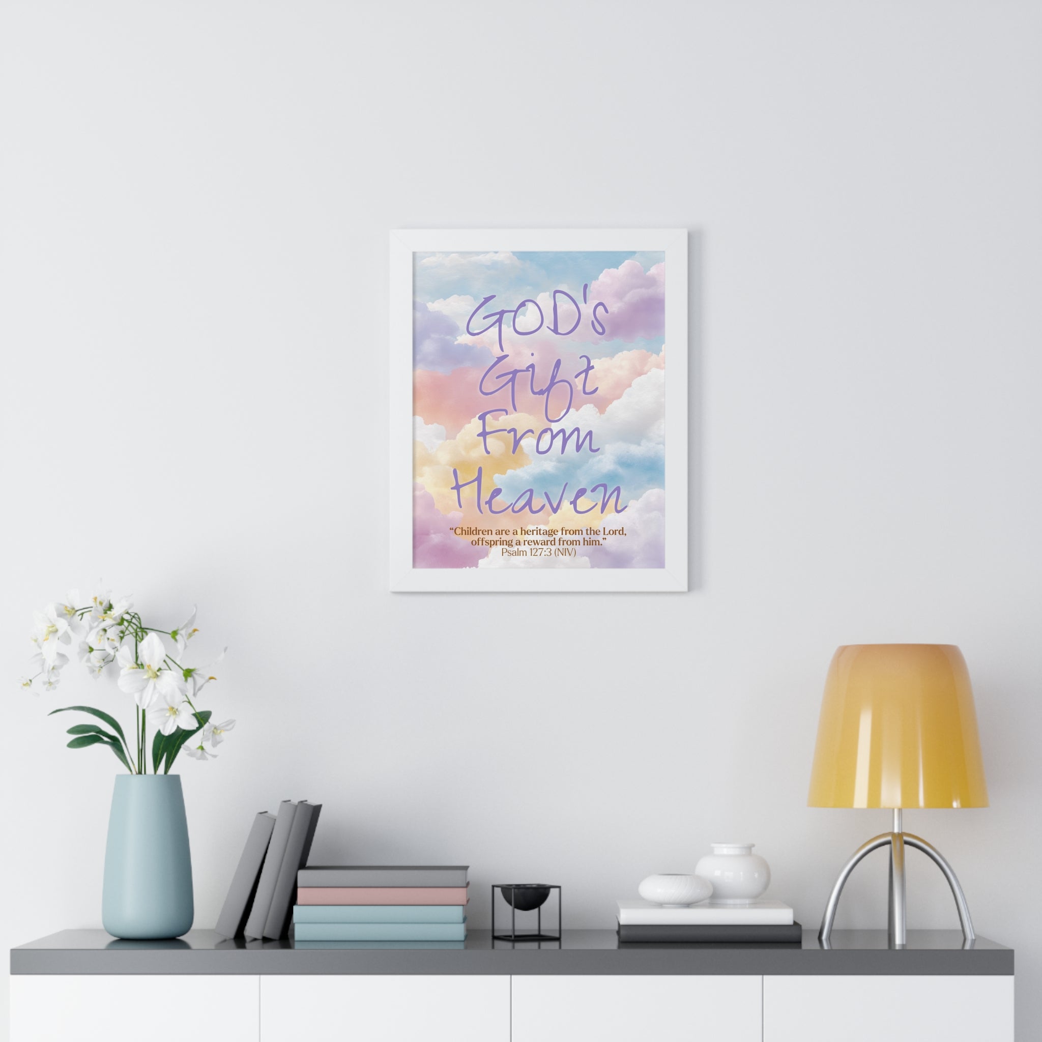 GOD'S Gift From Heaven | Framed Vertical Poster | Psalm 127: 3 -  Inspirational Wall Art, Nursery Decor, Baby Shower Gift,