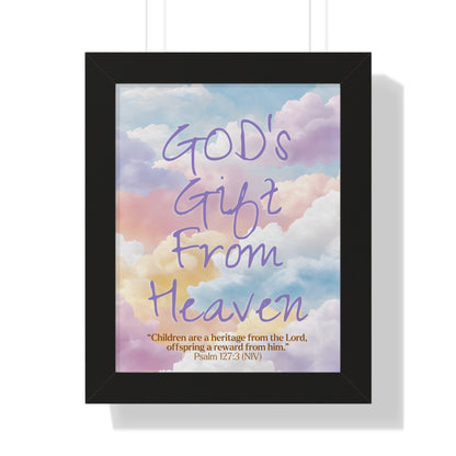 Framed artwork with 'God's Gift From Heaven' text and cloud design