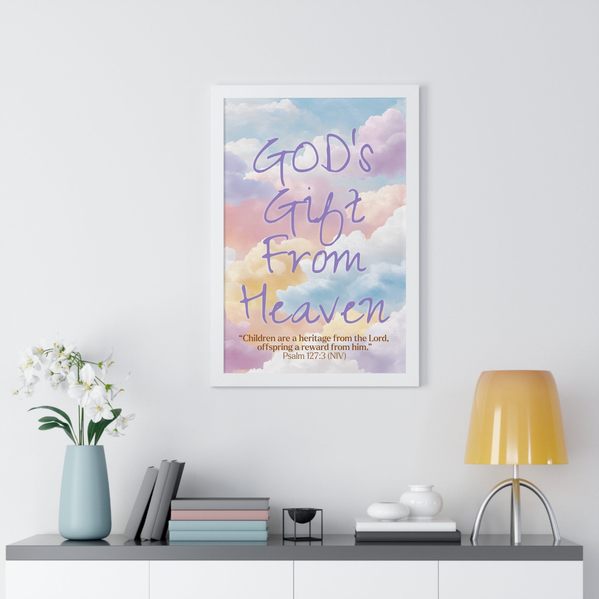 GOD'S Gift From Heaven | Framed Vertical Poster | Psalm 127: 3 -  Inspirational Wall Art, Nursery Decor, Baby Shower Gift,