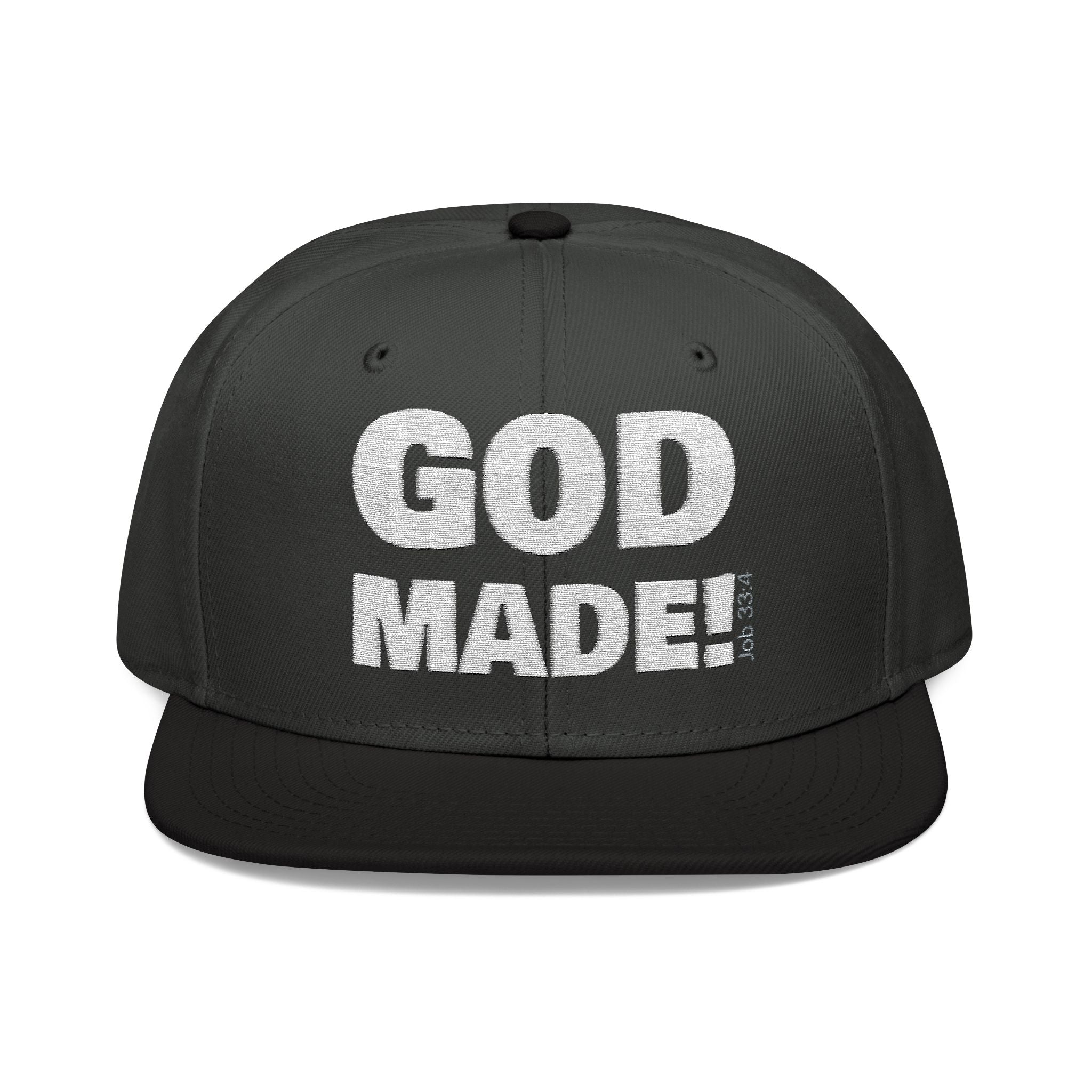 'GOD MADE!' | Embroidered Snapback Cap - (Job 33:4)- white