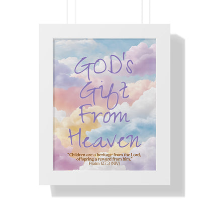 Framed print with 'God's Gift From Heaven' text and cloud design