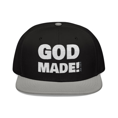 'GOD MADE!' | Embroidered Snapback Cap - (Job 33:4)- white