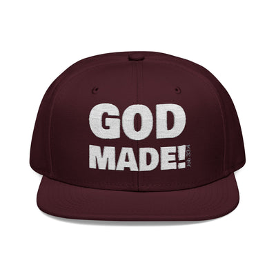 'GOD MADE!' | Embroidered Snapback Cap - (Job 33:4)- white