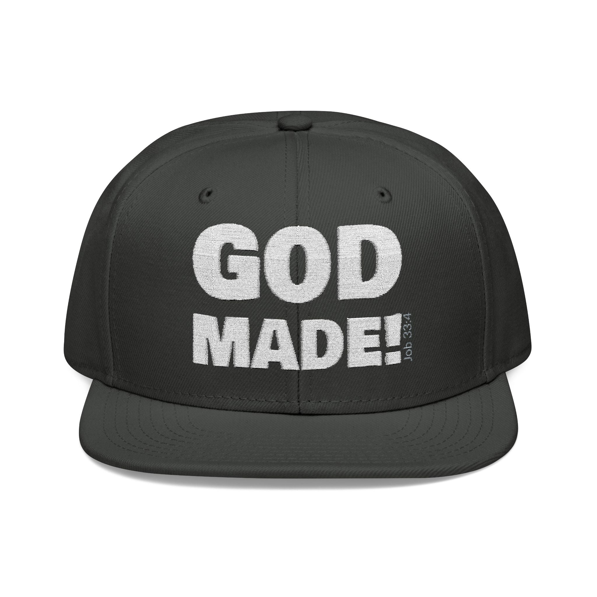 'GOD MADE!' | Embroidered Snapback Cap - (Job 33:4)- white