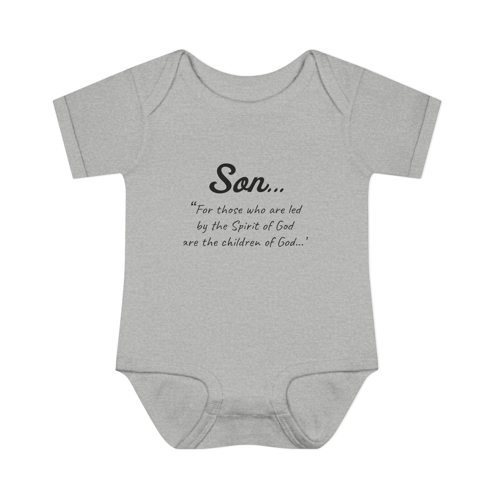 Gray baby onesie with text on a white background